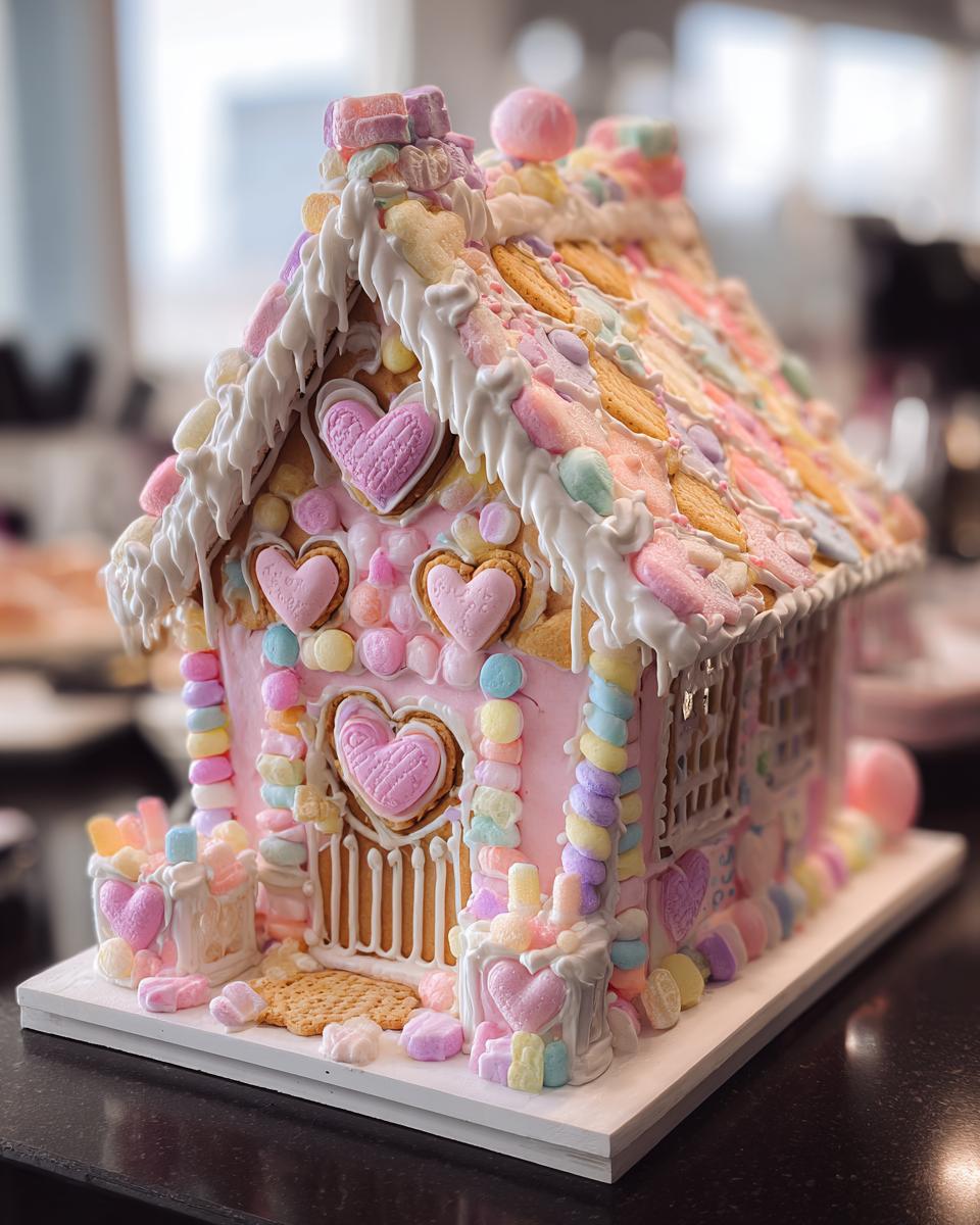 Pink Gingerbread House with Soft Pastel Icing and Candy Accents - detail 1