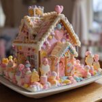Pink Gingerbread House with Soft Pastel Icing and Candy Accents
