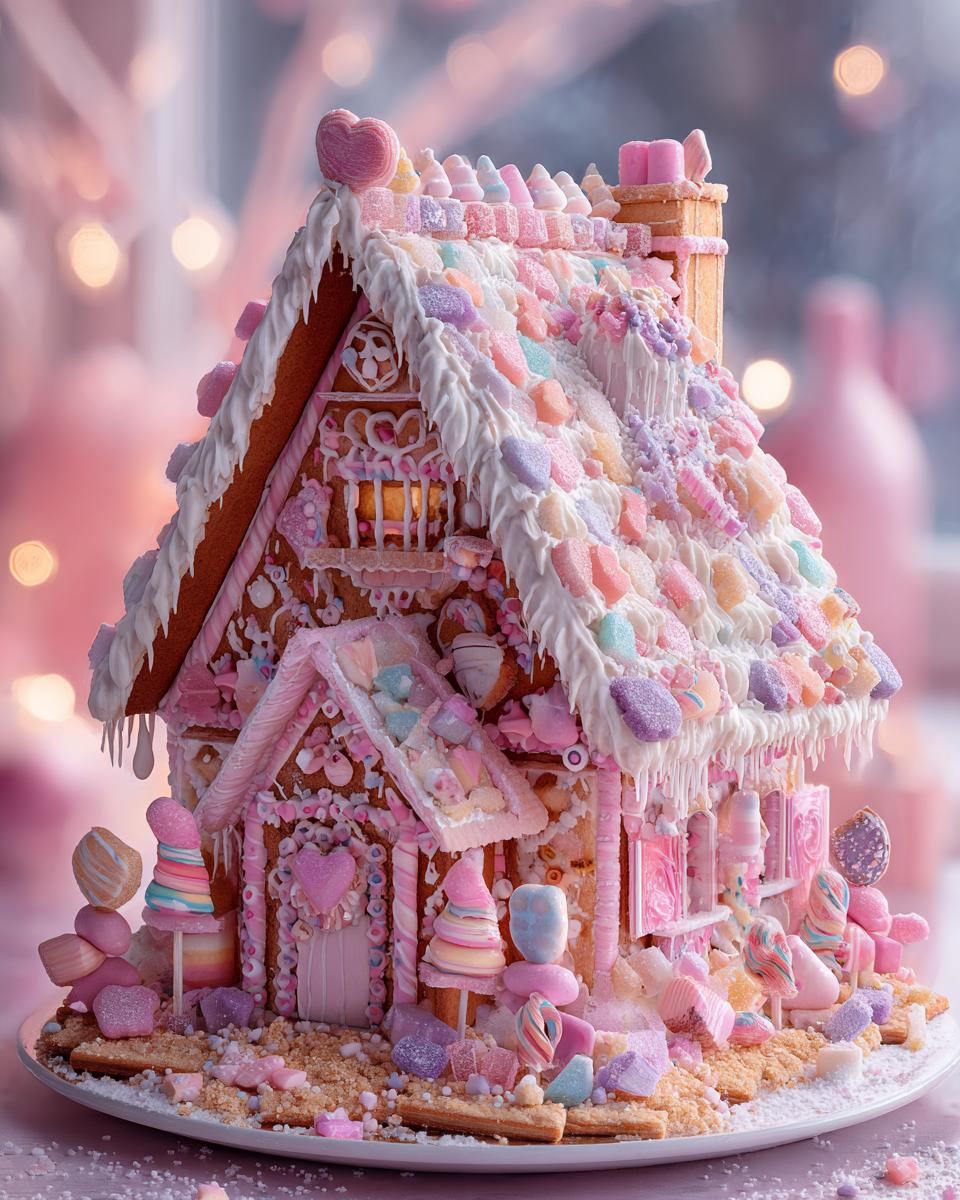 Pink Gingerbread House with Soft Pastel Icing and Candy Accents - detail 2