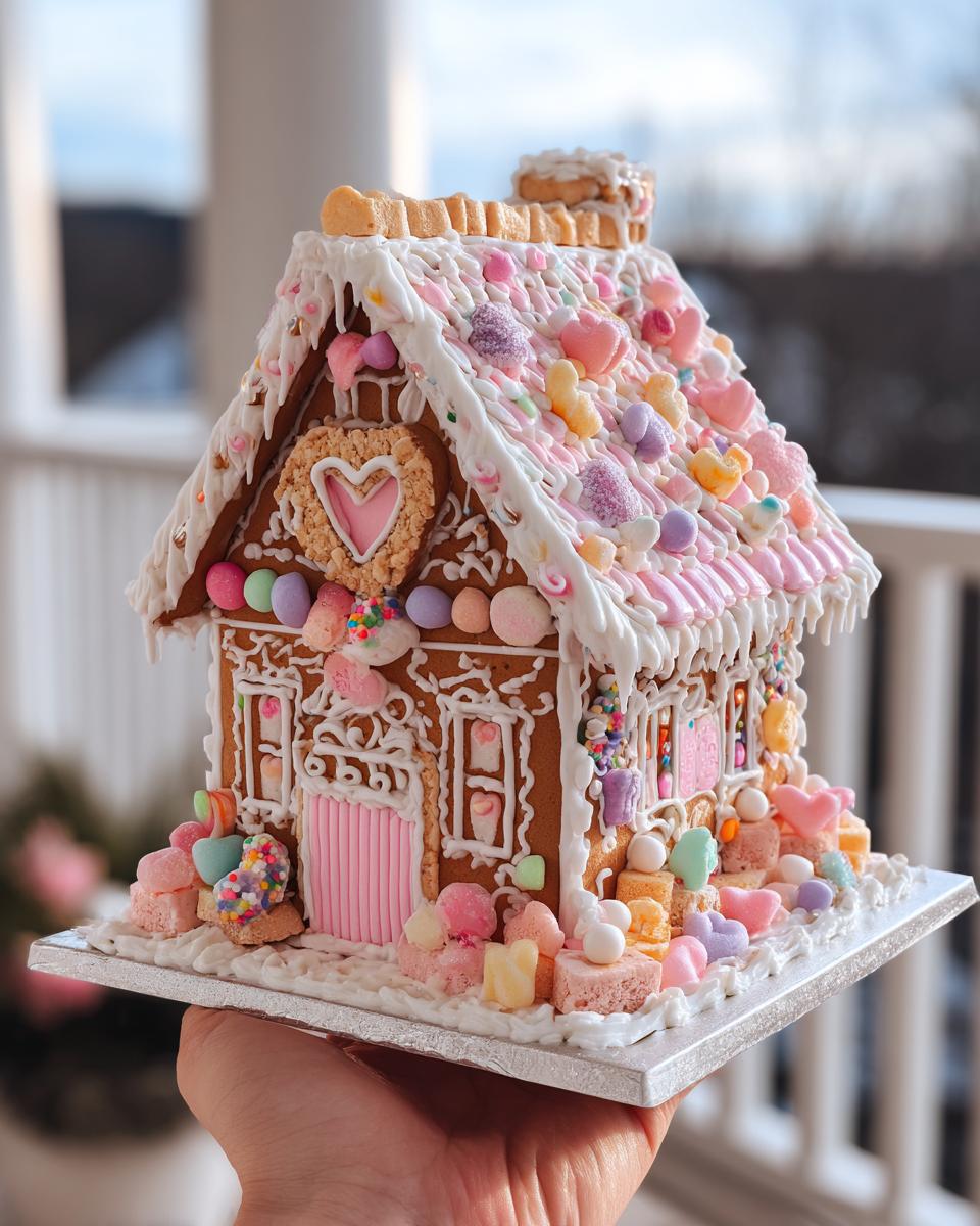 Pink Gingerbread House with Soft Pastel Icing and Candy Accents - detail 3