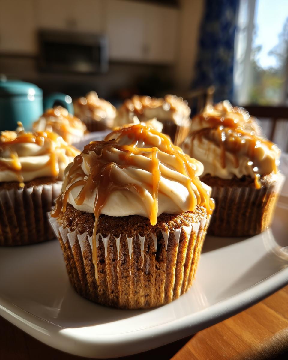 Pumpkin Cupcakes with Peanut Butter Frosting and Caramel Drizzle - detail 2