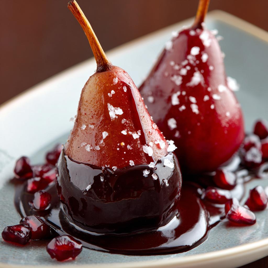Red Wine Poached Pears with Chocolate Ganache and Sea Salt - detail 1