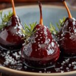 Red Wine Poached Pears with Chocolate Ganache and Sea Salt