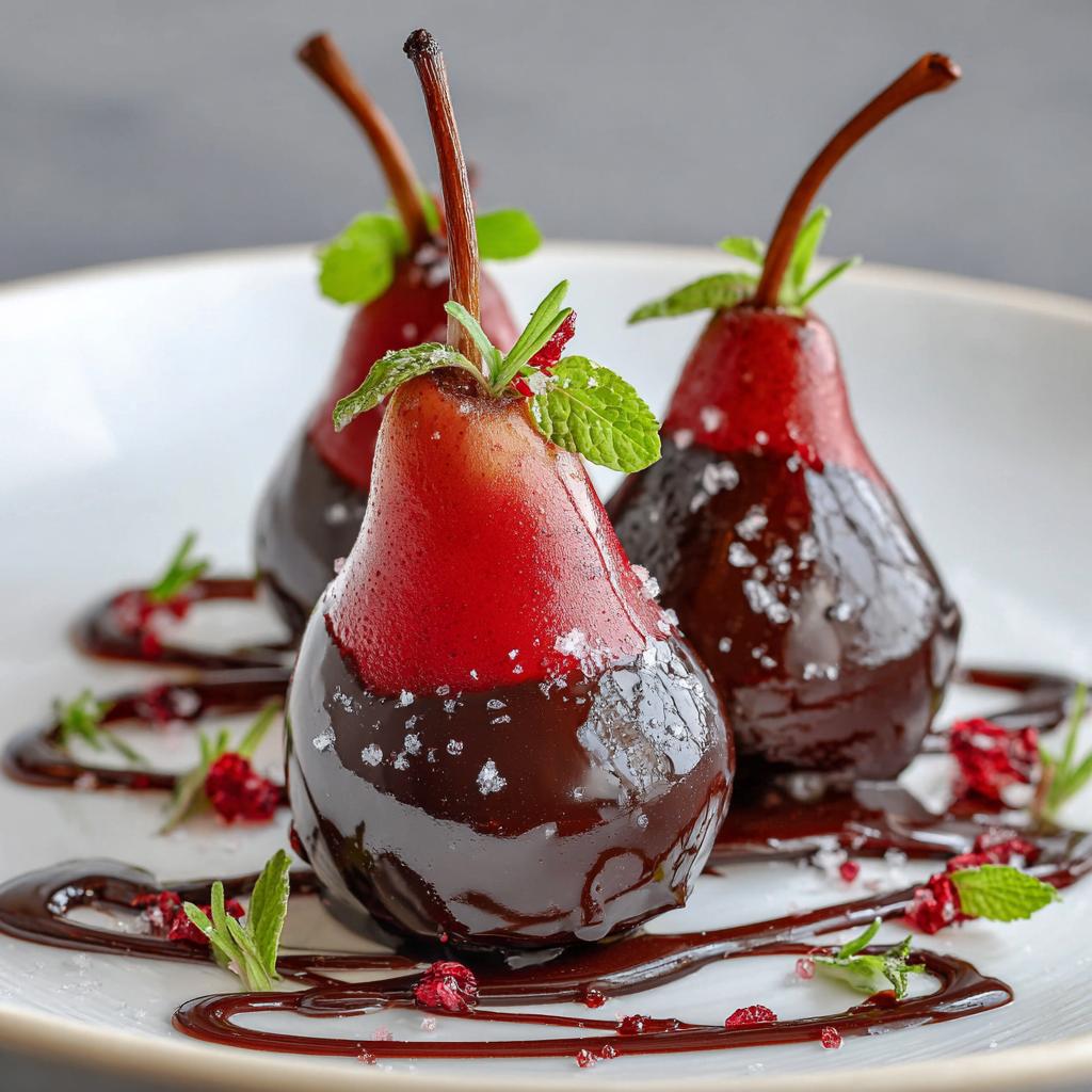 Red Wine Poached Pears with Chocolate Ganache and Sea Salt - detail 2