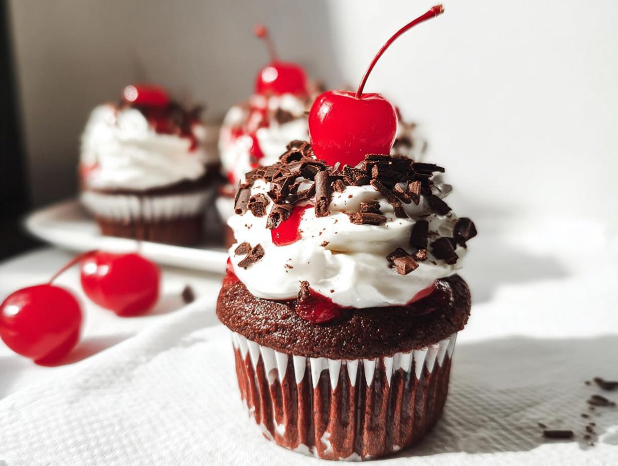 Black Forest Cupcakes recipe with cherry filling and chocolate shavings