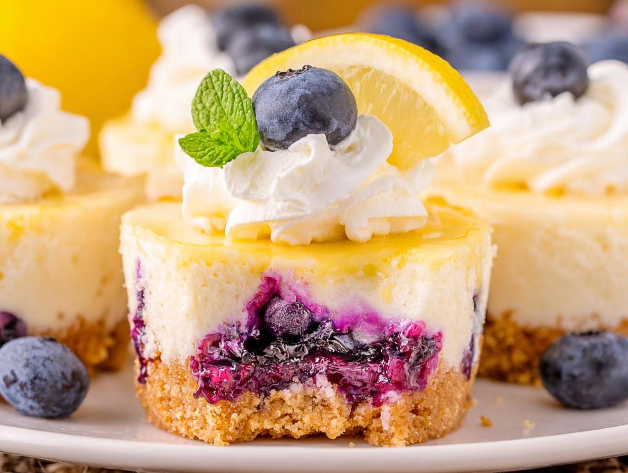 Devastatingly Juicy Mini Lemon Blueberry Cheesecakes